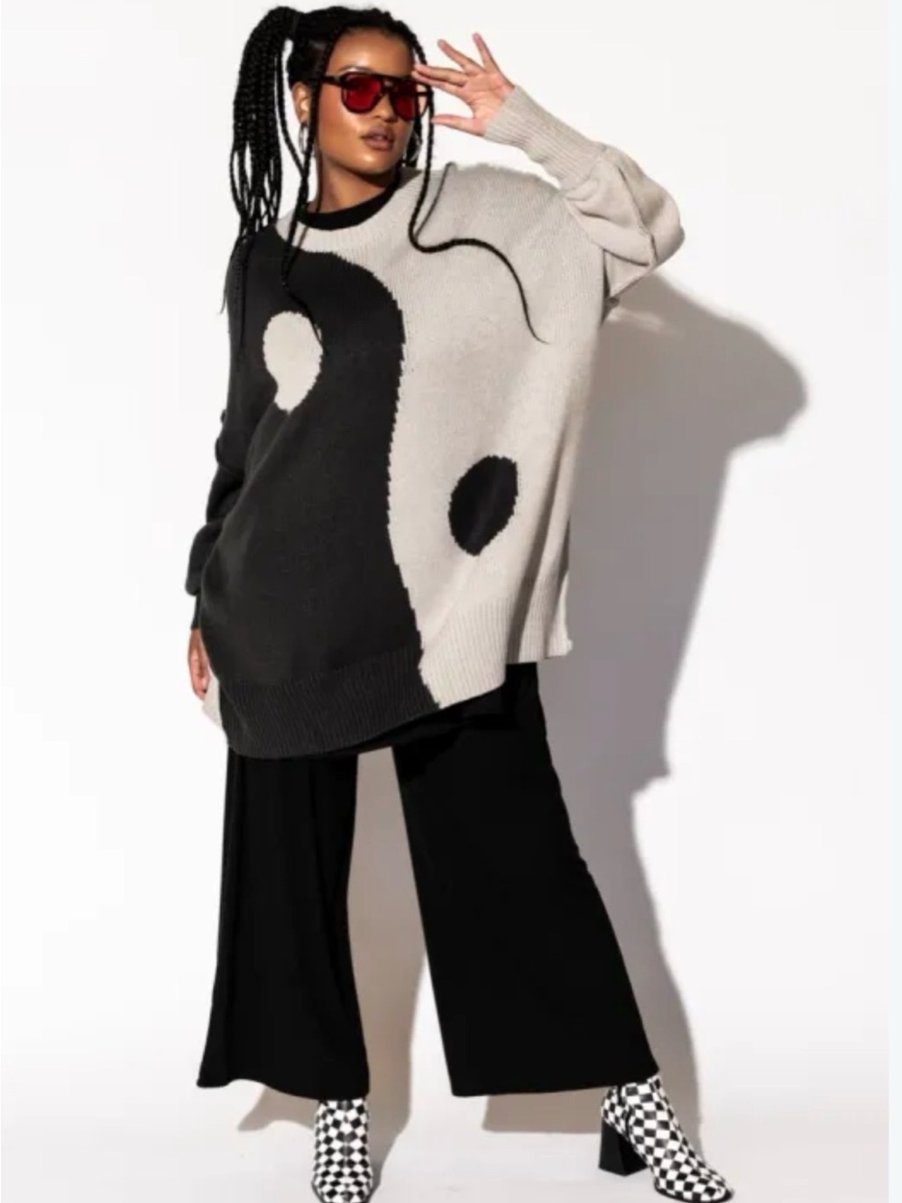Dressed in LALA Black and Cream Yin Yang Oversized Crewneck Sweater